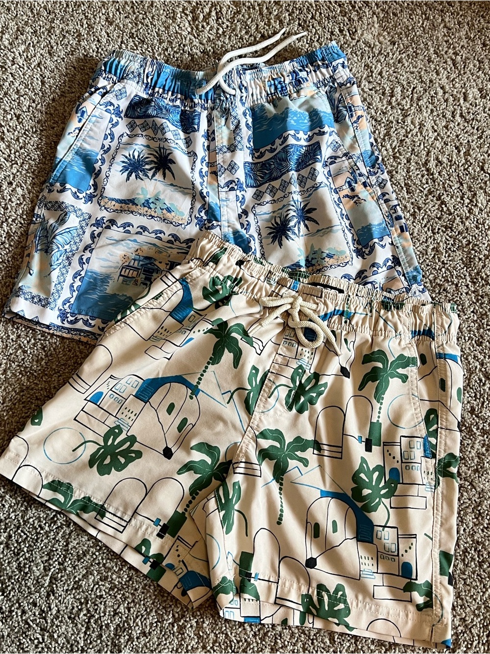RSQ Blue, Cream and Green Tropical Print Swim Trunks Pair